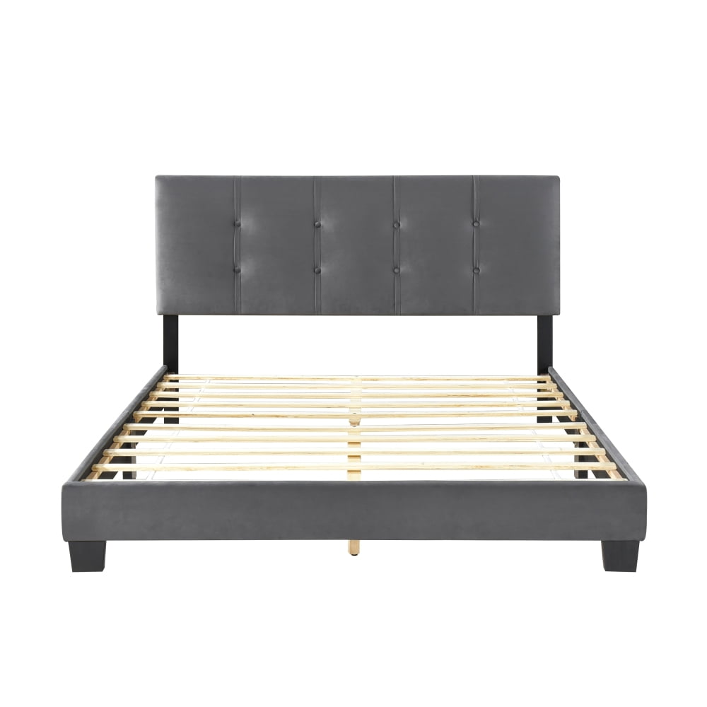 Tcbosik Queen Size Upholstered Platform Bed, Wood Bed Frame, Height Adjustable Headboard with Tufted Button Design, Dark Gray