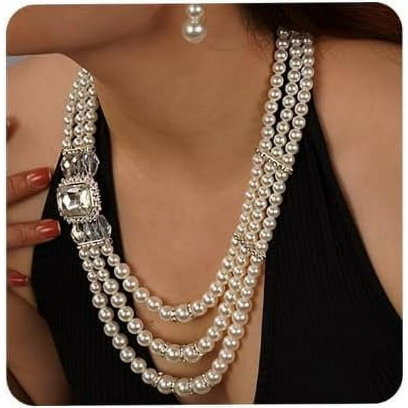 1920s 3-strand White Faux Pearl Necklace and Dangle Earrings Set with Crystal and Rhinestone Long Pearl Necklace Statement Women Jewelry