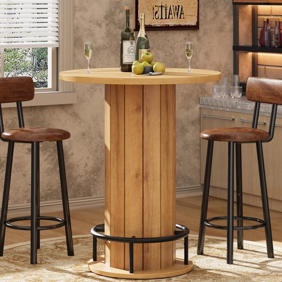 Round Bar Table Natural Wood with Metal Footrest, 31.5 Dia x 40 H