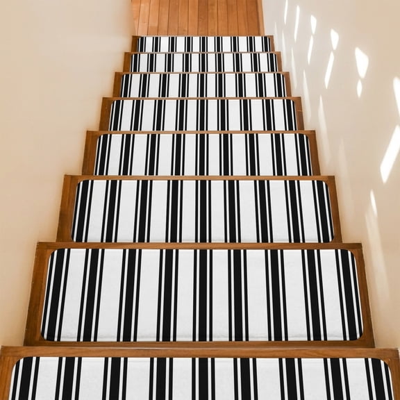 Black Striped Stair Treads Non Slip for Steps Modern Farmhouse Stripes Rustic Minimalist 4 Pcs Reusable Adhesive Stair Runner Mats for Dogs Elders Carpet Treads Rugs for Staircase 8x30 In