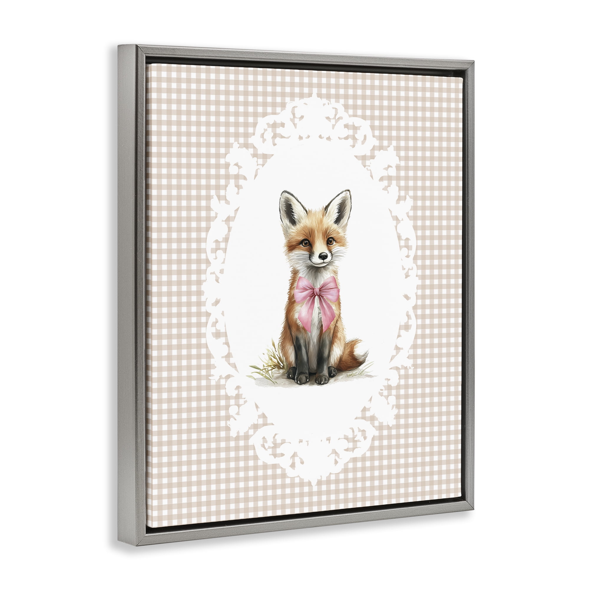 Stupell Industries Vintage Bow Fox on Gingham Gray Framed Floater Canvas Wall Art, design by Christine Simpson Art