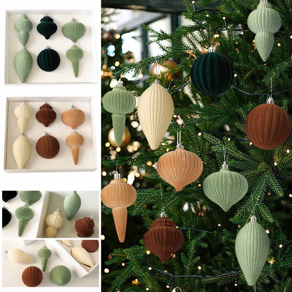 Vintage Flocked Christmas Tree Ornaments - 6-Pack Durable Plastic Hanging Balls for Classic Holiday Decor, Easy to Hang Festive Decorations for Home, Living Room, and Fireplace wi