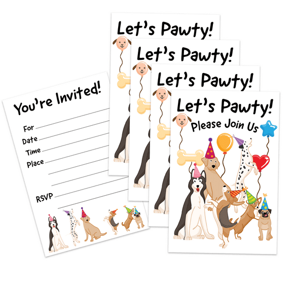 Dog Birthday Party Invites For Boys and Girls - 20 Count of 4 x 6 Inch Double Sided Fill-In Invitations With Wet To Seal Envelopes