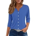 thumbnail image 4 of WTXUE Womens Short Sleeve Blouses Button Down Shirts V Neck Blouses for Women Business Casual Tunic Tops Basic Tees Gauze Shirts Womens Summer Tops Dressy Casual Casual Shirts Basic Shirts Blue M, 4 of 6