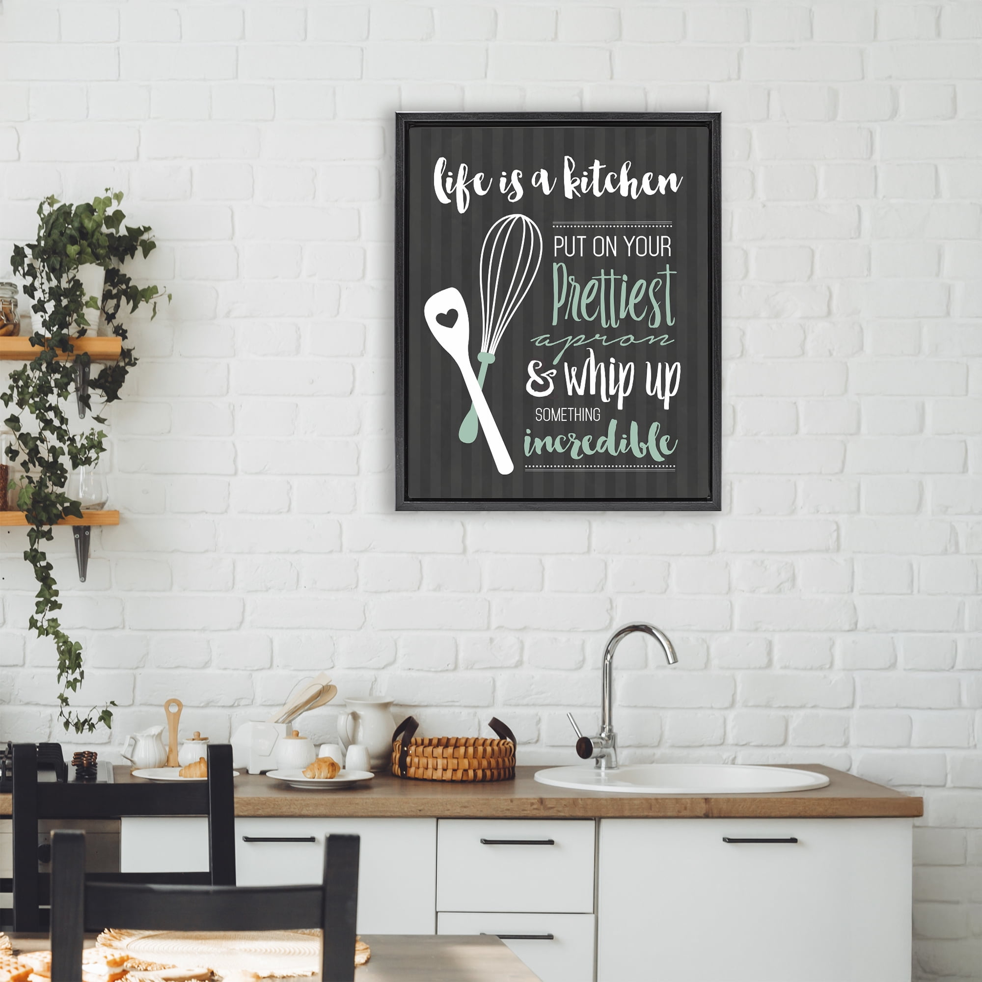 Life Is A Kitchen Motivational Black Framed Floater Canvas Wall Art, design by Lettered and Lined