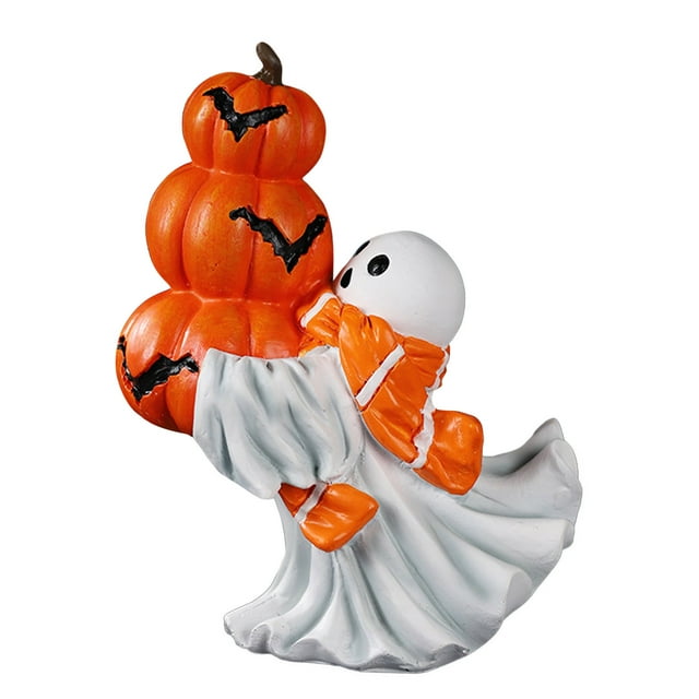 Halloween Decoration Statue - White Ghost with Scarf & Pumpkin, Resin Material - Festive Indoor Decor for Dining Table, Kitchen, Living Room - Adds Cheerful Halloween Atmosphere