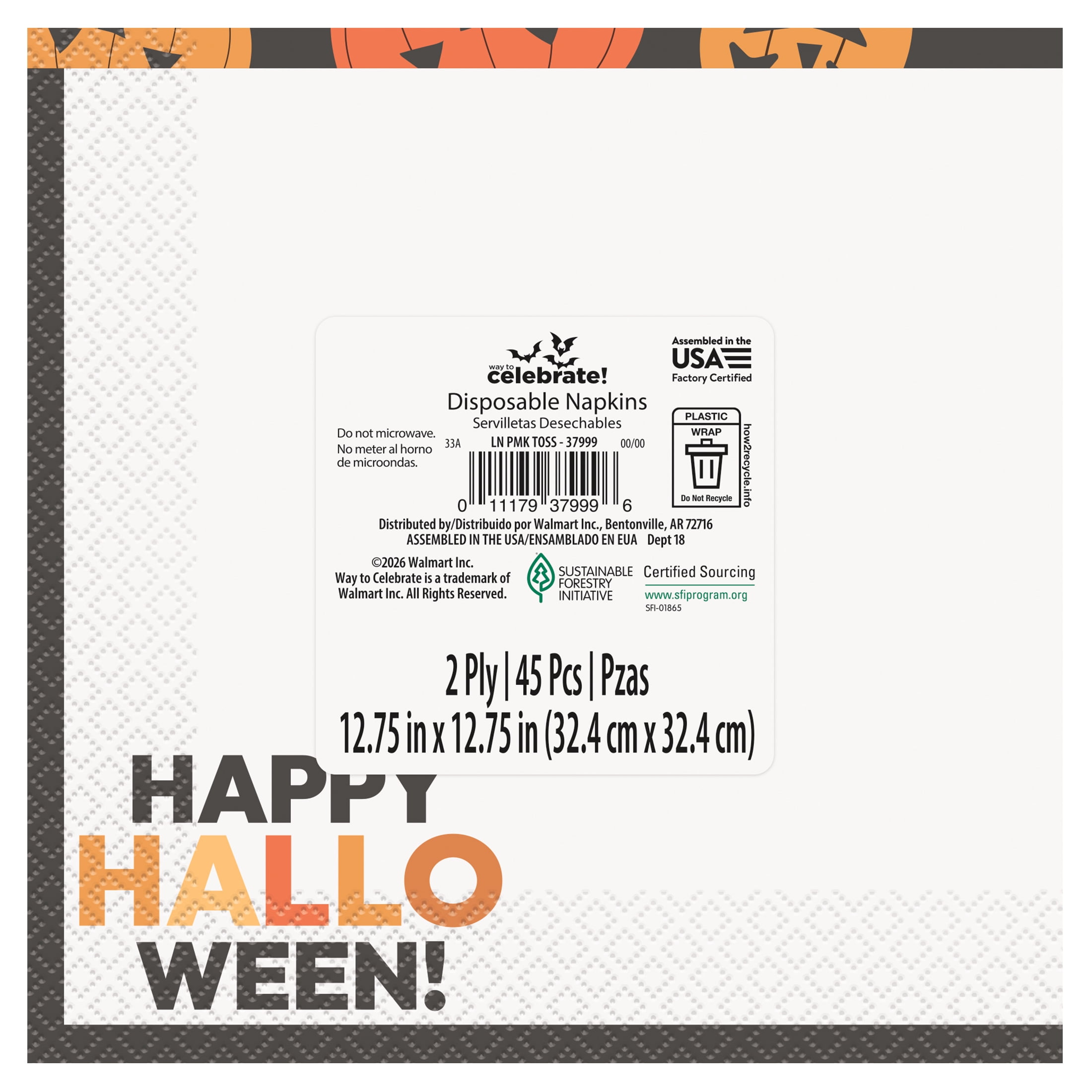 45 Count 6.5IN Smiling Pumpkins Lunch Napkins by Way to Celebrate