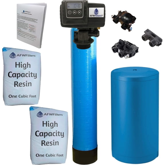 Fleck 64k 1 Inch, Blue High Capacity Resin Whole House Water Softener System 5600sxt Digital Meter Grain-includes bypass valve & brine tank with safety float