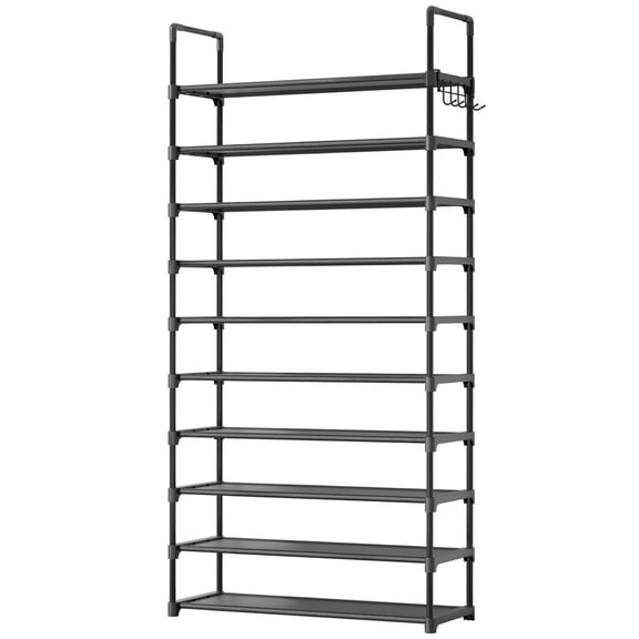 Kitsure 10-Tier Shoe Rack Organizer with Hooks for Closet, 32" x 11.5" x 68", Black