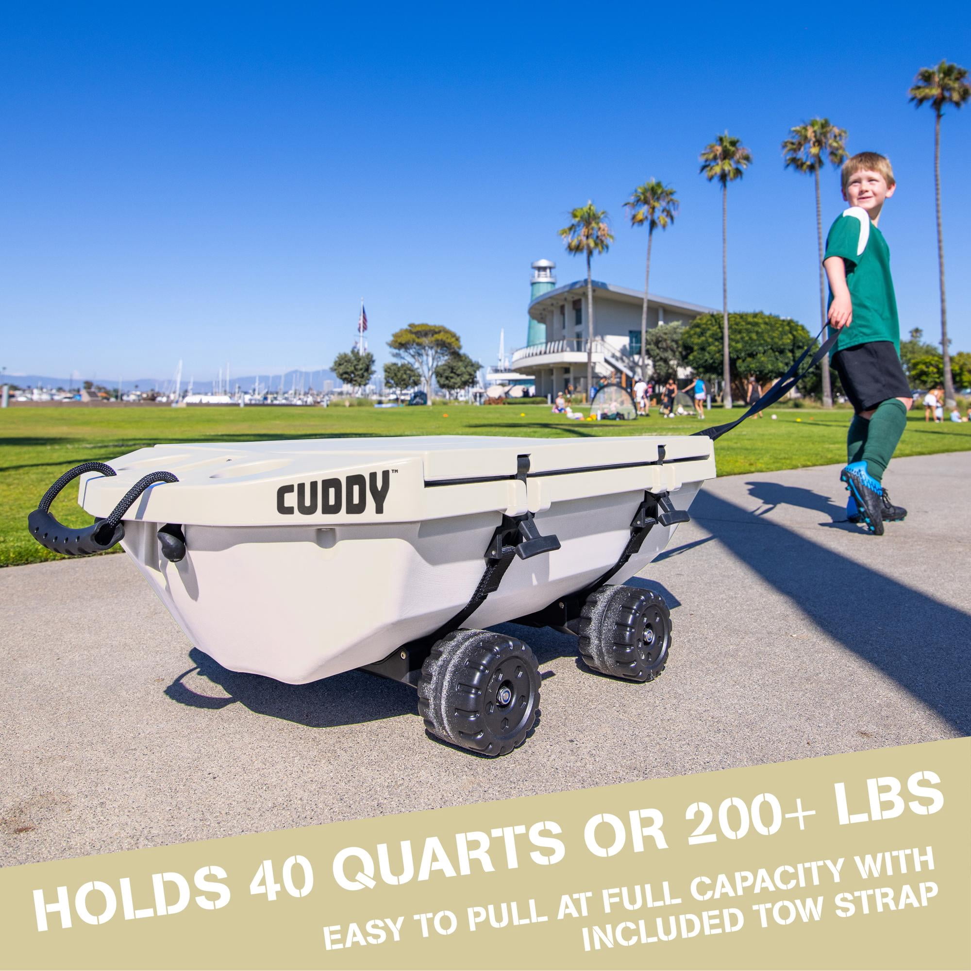 Cuddy 40 QT Floating Cooler and Dry Storage Vessel with Cuddy Crawler Wheel Kit - White