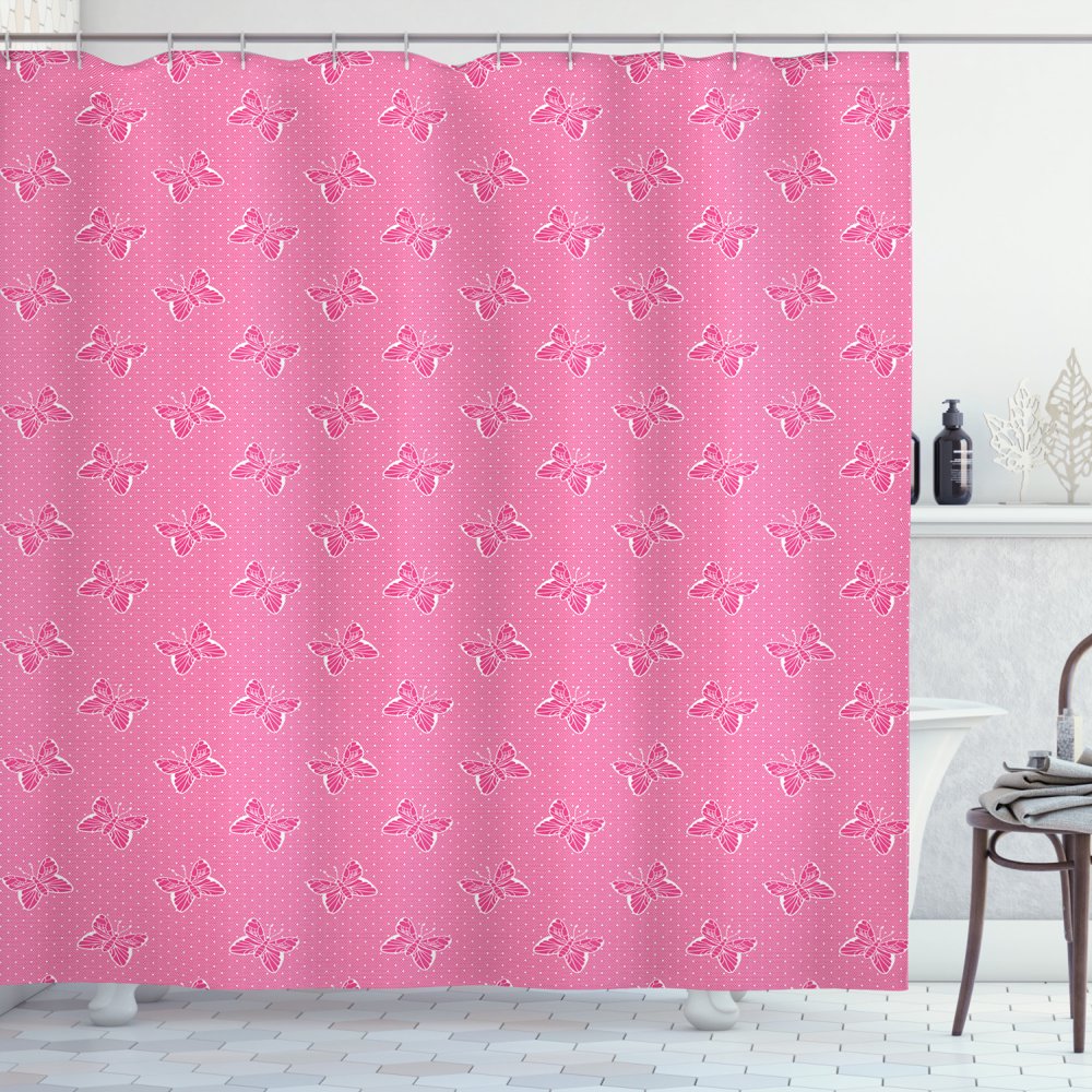 Pink Polka Dots Shower Curtain, Spots and Butterflies Dotted Design