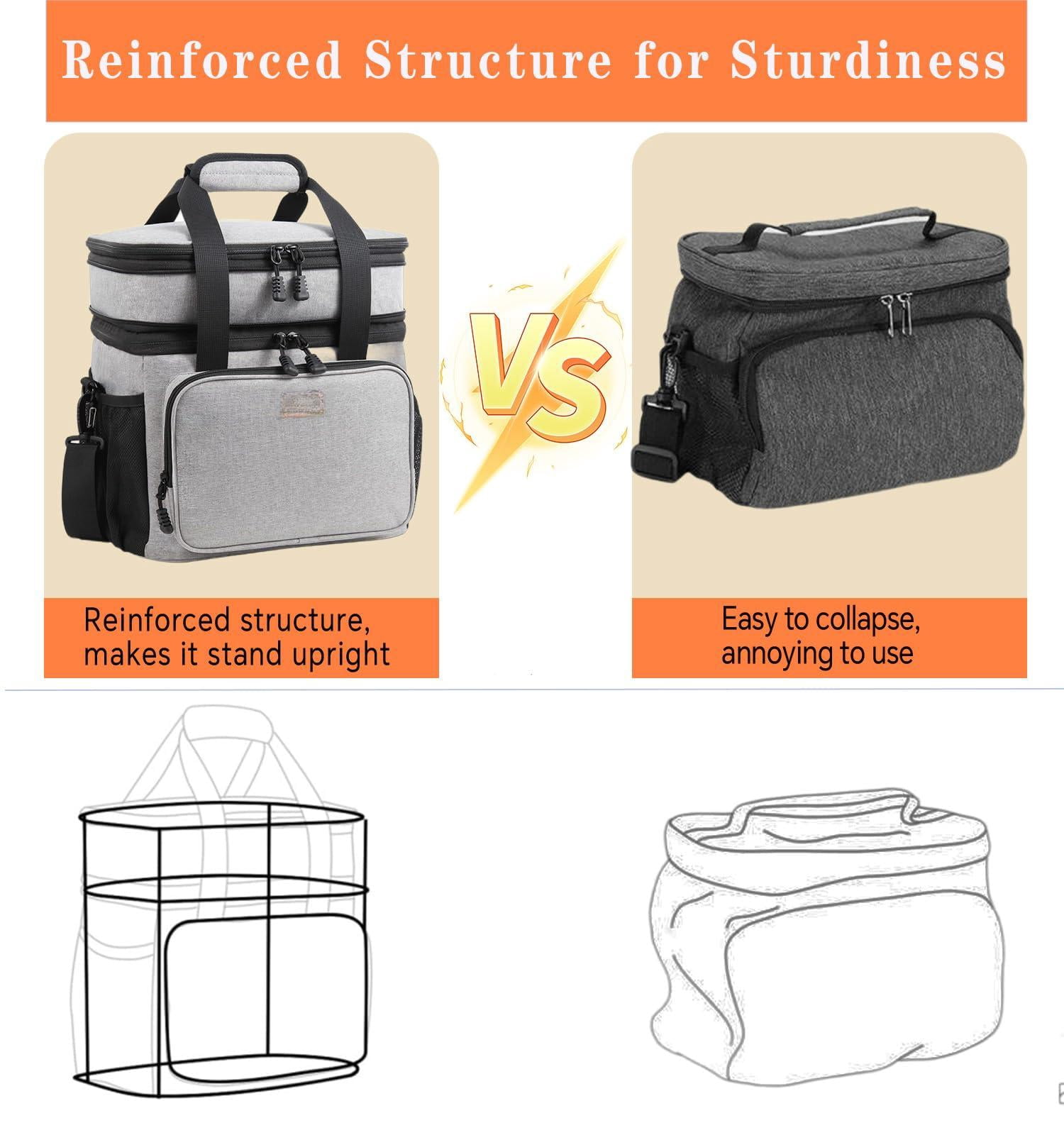 Double Deck Large Lunch Box  Insulated Heavy Duty Bag Waterproof Leakproof Durable Cooler For Men Women Adults Work Picnic Camping Daytrip 16l Grey