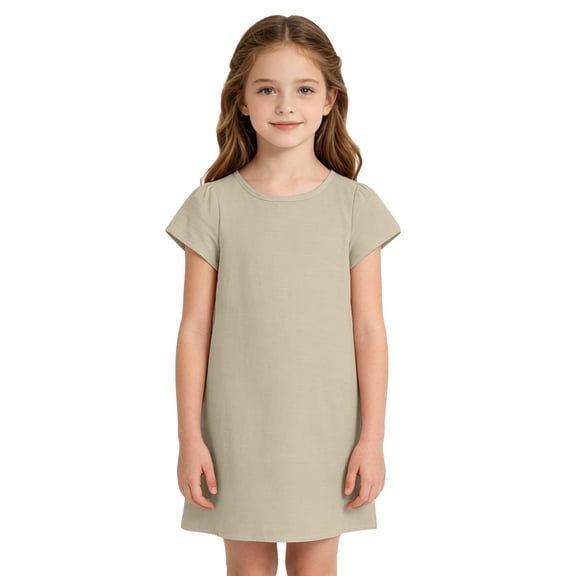 Grblisyd Girls Dresses Size 10-12 Solid Color Short Sleeve Casual Dresses Summer Kids Crew Neck Loose Midi Dress