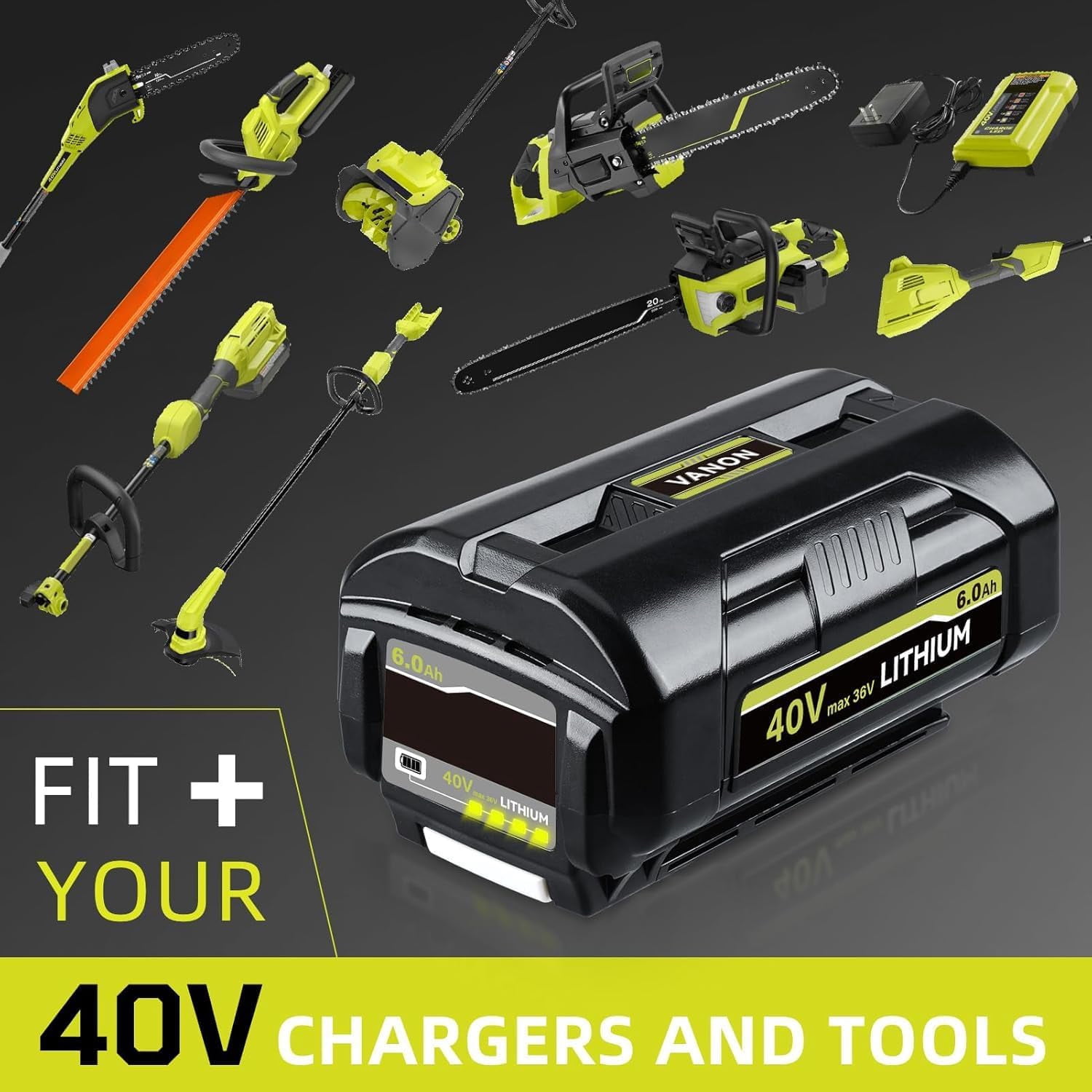 2Pcs OP4040 40V 6.0Ah Lithium-Ion Battery and OP401 Rapid Battery Charger Combo Kit Replace for Ryobi 40 Vlot Power Tools Battery OP4026 OP40602 OP4050A OP4040 OP4030 and Fast Charger