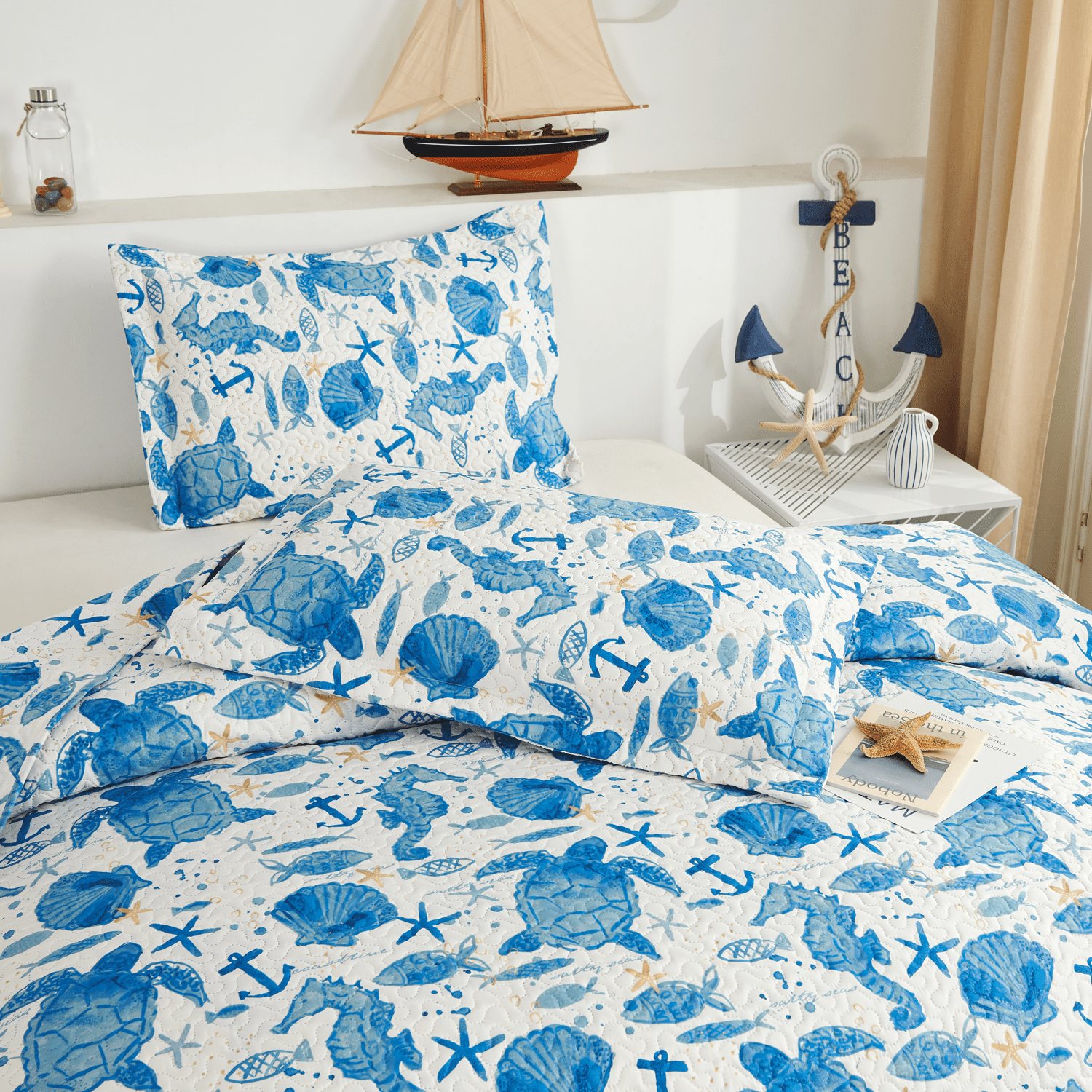 Green Essen 3 Pieces Solid Color Quilt Set Twin Size,Soft Microfiber Bedding Sets Lightweight Bedspread Reversible Coverlet Bed Cover(ocean shell)
