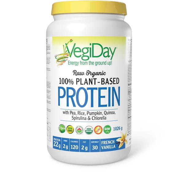 VegiDay Raw Organic Plant Based Protein 20g, French Vanilla, 1110g with Pea, Pumpkin, Chia, Quinoa, Spirulina & Chlorella