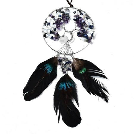 Natural Lazuli Amethyst Opalite Big Wire Wrapped Pendants with Platinum Brass Wires Tree and Leather Cord Woven Net/Web with Feather
