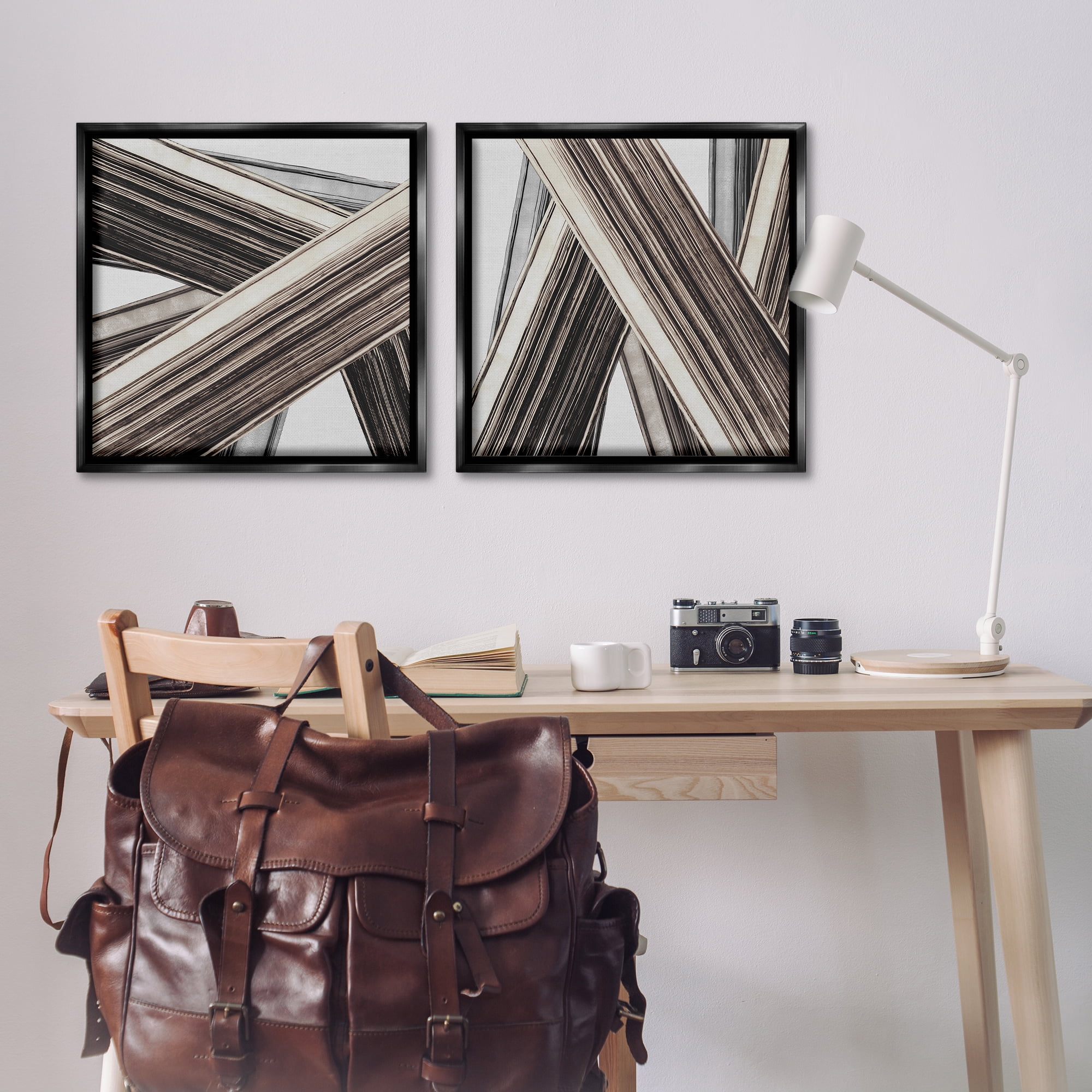 Stupell Industries Industrial Linear Crisscross Abstract Painting Black Floater Framed Canvas Art Print Wall Art, 25 x 25, Set of 2