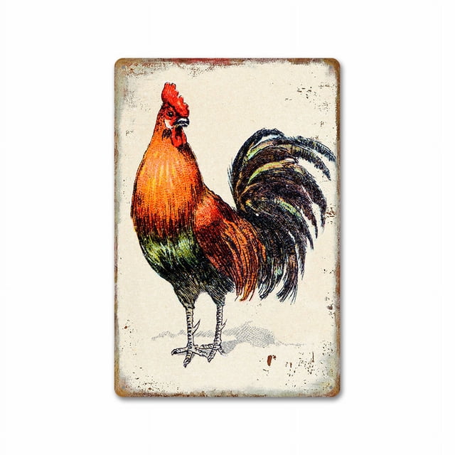 Pintura en hojalata retro de gallos y gallinas, fondo de granja, mural decorativo sin marco para pared