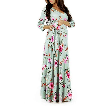 

Binmer Woman Print Wrap Maternity Dress Adjustable Belt Multi-Function Pregnant Dress