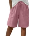 thumbnail image 3 of Women's Cotton Linen Bermuda Shorts Knee Length Elastic Waist Loose Fit Summer Casual Shorts with Pockets, #03 Pink, XXL, 3 of 7
