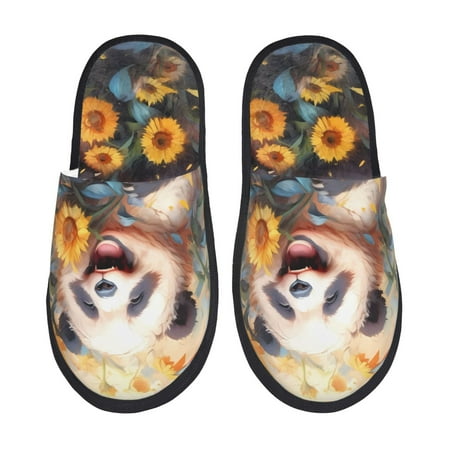Balery Elegant Cute Panda Sunflower Slient Indoor Furry Fleece Comfort House Shoes Soft Non-Slip Home Shoes Cotton slippers House Slippers-- Medium