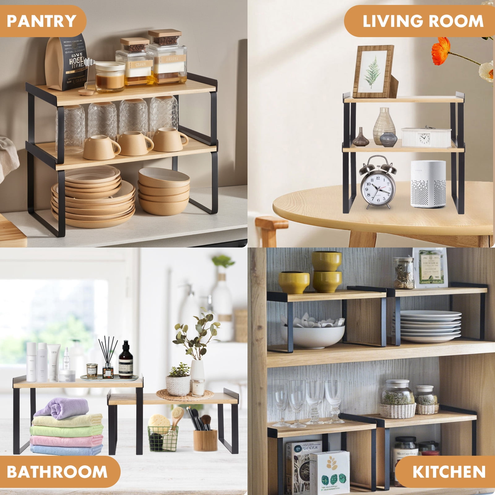YOYTOO Kitchen Counter Organizer, 2 Pack Wooden Stackable Kitchen Countertop Cabinet Storage Shelves Spice Rack for Pantry