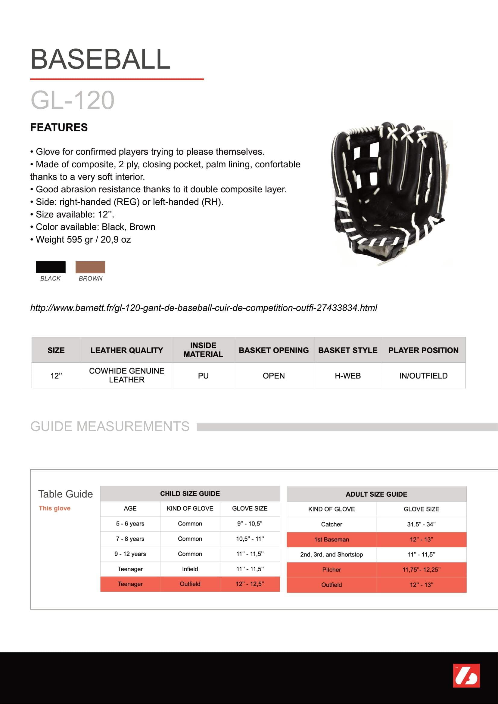 barnett 12" GL-120 Series Genuine Leather, Outfield Baseball Glove, Left Hand Throw