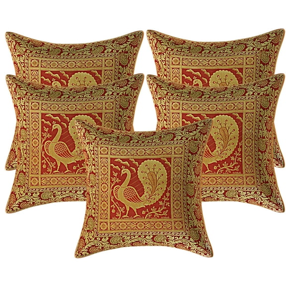 Stylo Culture Ethnic Bohemian Brocade Burgundy Maroon And Gold Throw Pillow Covers 16x16 Jacquard Weave Banarsi Couch And Pillow Covers Peacock 40x40 cm Decorative Cushion Covers (Set Of 5)