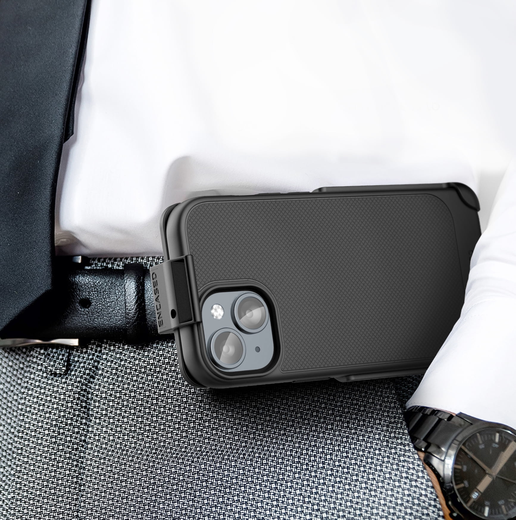 Encased Thin Armor Designed for iPhone 15 Belt Clip Case, Slim Fit Phone Case with Holster (Black)