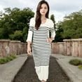 thumbnail image 2 of Women's Striped Knit Midi Dress with Long Sleeves and Ribbed Texture - Small, Light Beige, 2 of 7