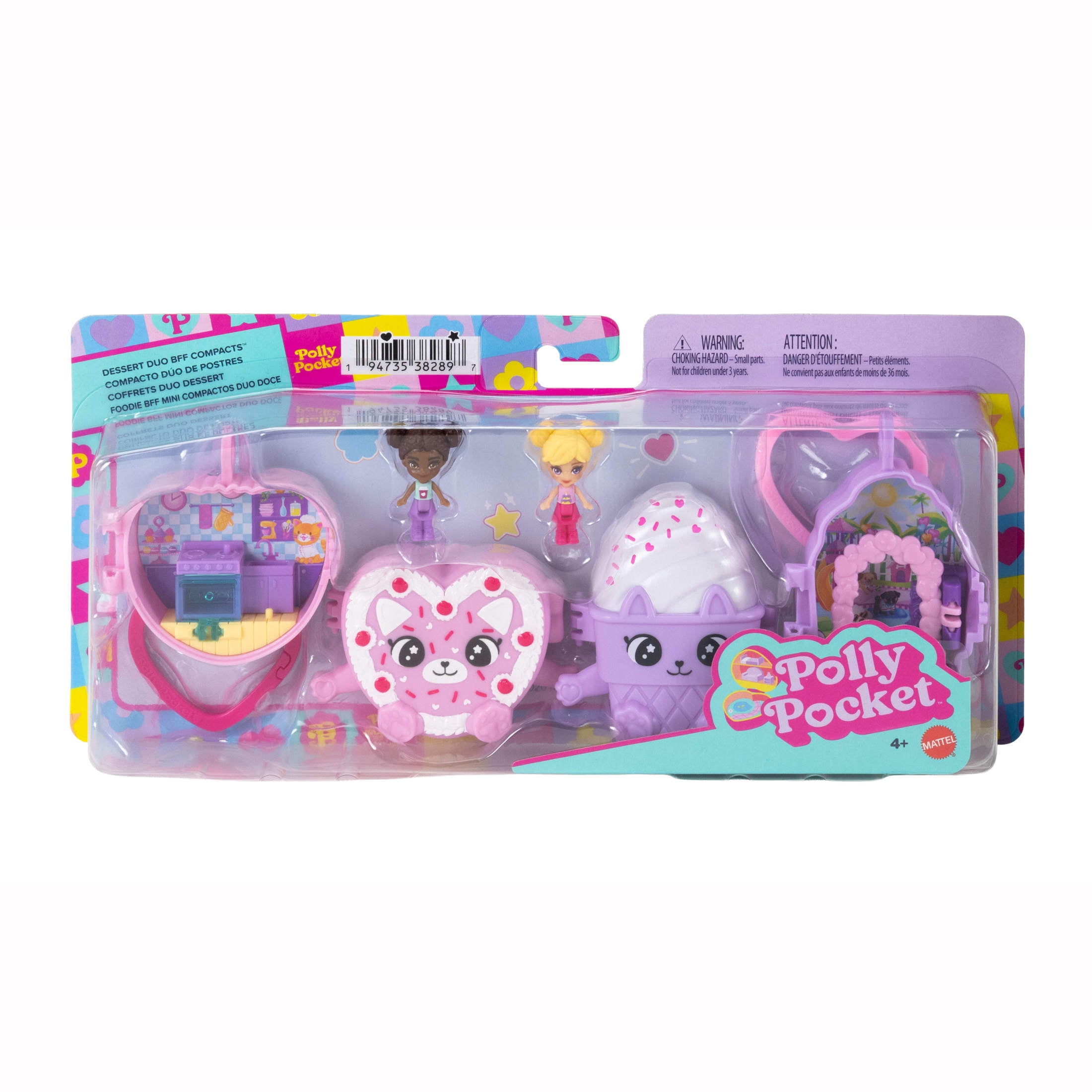 Polly Pocket Doll & Mini Compact Duo, Food-Themed Micro Playsets with 2 Dolls & 2 Keychain Clips