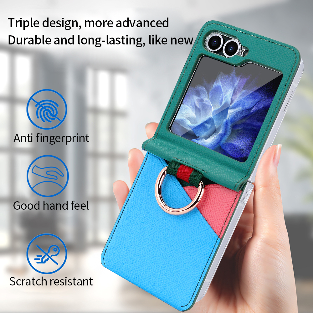 Fashion contrast color leather phone case for Samsung Galaxy Z flip 6 5 4 3 flip6 flip5 ring holder card slot folding cover