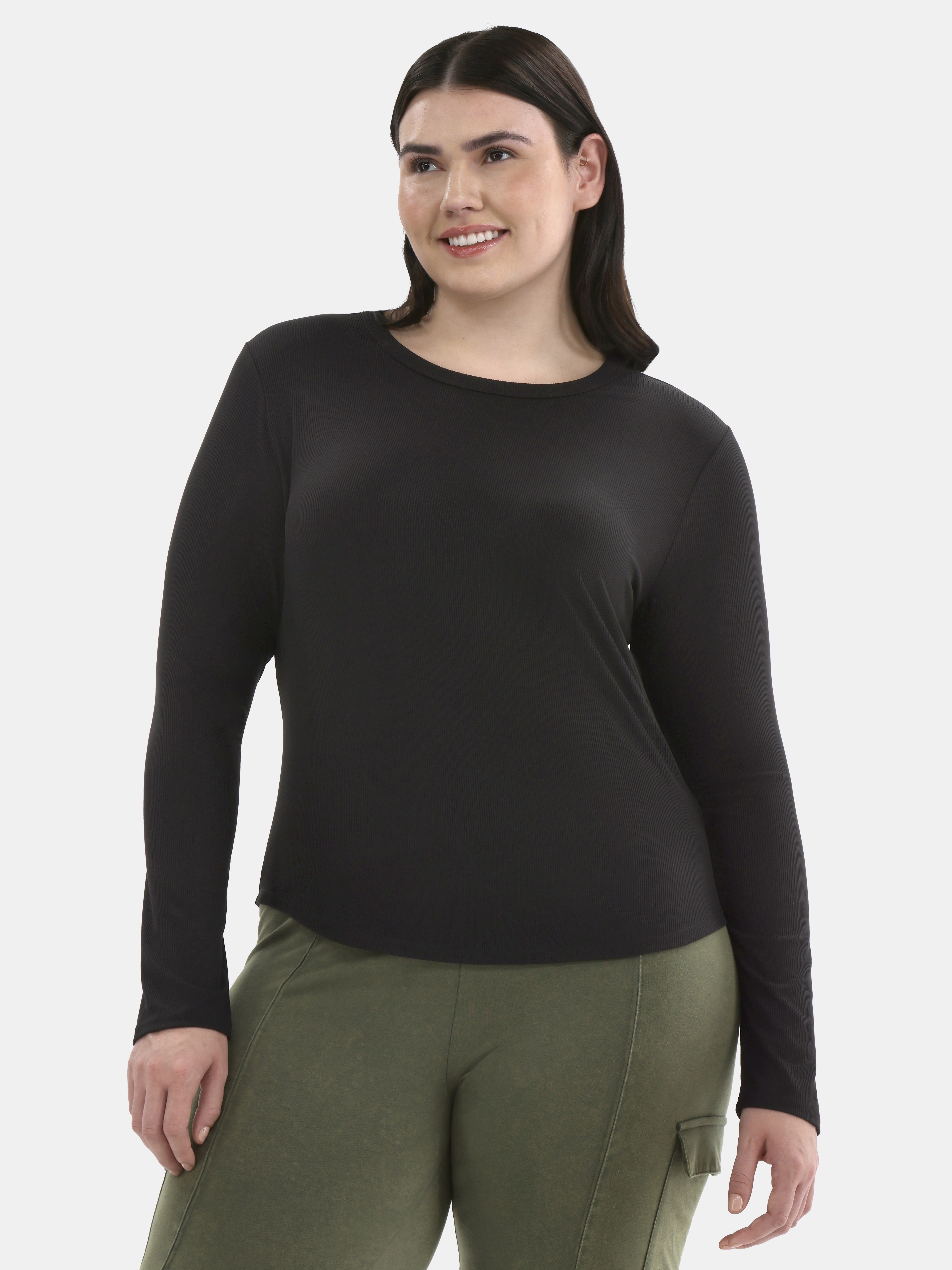 No Boundaries Ribbed Crewneck Tee with Long Sleeves, 1 or 2-Pack