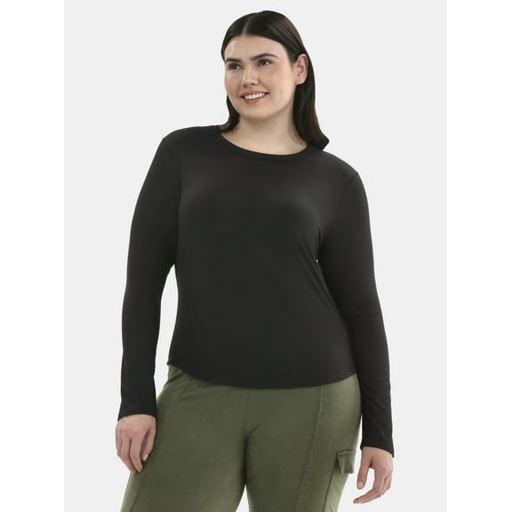 No Boundaries Ribbed Crewneck Tee with Long Sleeves, Women's Plus, Sizes 1X-4X