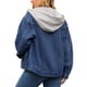 thumbnail image 3 of CHAQUETA DE DENIM PARA MUJERES INSPIRADA CHIC CON CAPUCHA, DESESTRUCTURADA, DE MANGA LARGA, CON BOTONES Y CAPUCHA DESMONTABLE, TAMAÑO S, AZUL OSCURO, 3 of 5