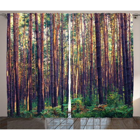Farm House Decor Curtains 2 Panels Set, Forest In The Morning Light Tall Trees Trunks Greenery Natural Environment Picture, Living Room Bedroom Accessories, By