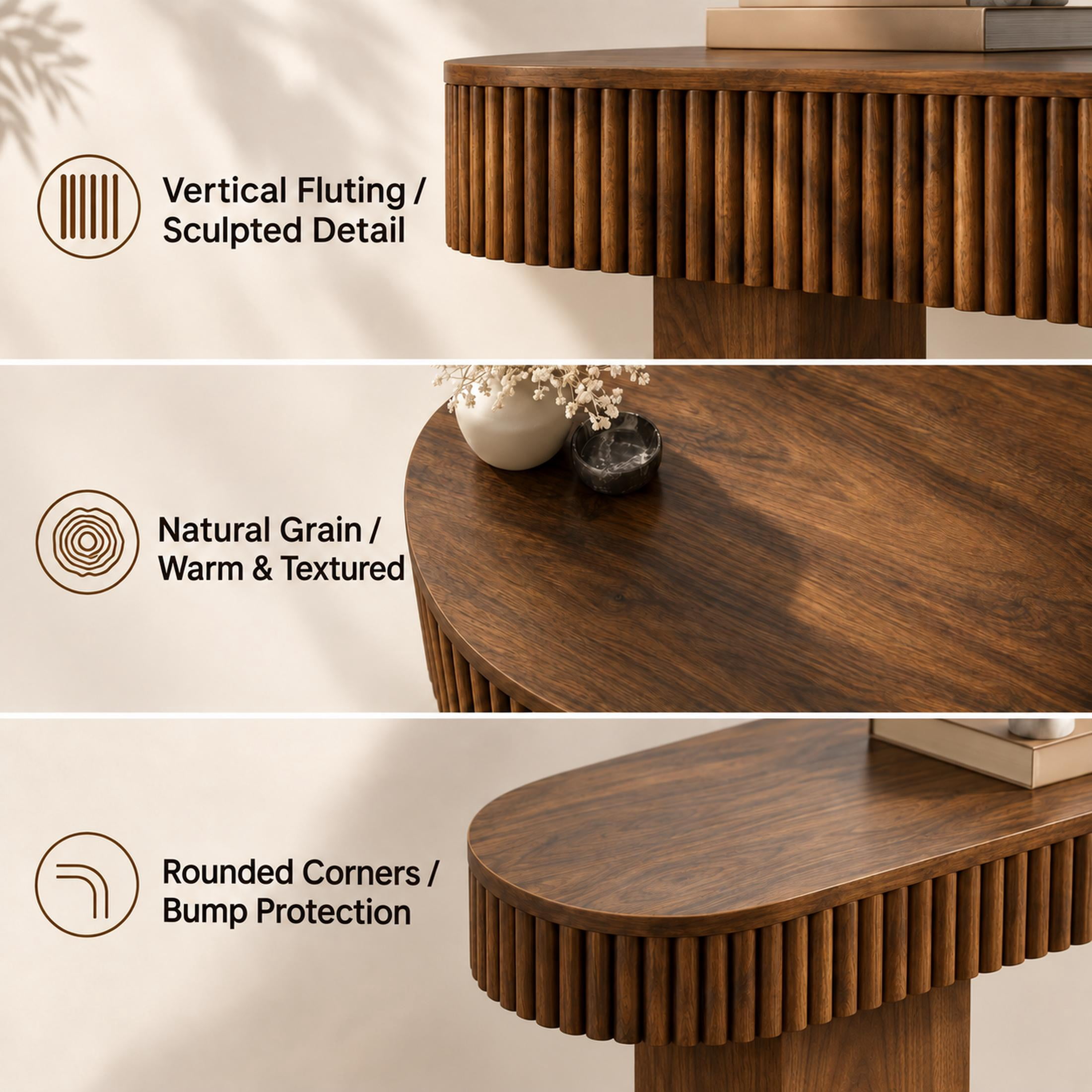 PORKISS 62.9" Console Table with Open Storage, Narrow Long Entryway Table with Rounded Edges, Fluted Sofa Table for Living Room, Hallway, Foyer, Behind Couch, Brown A