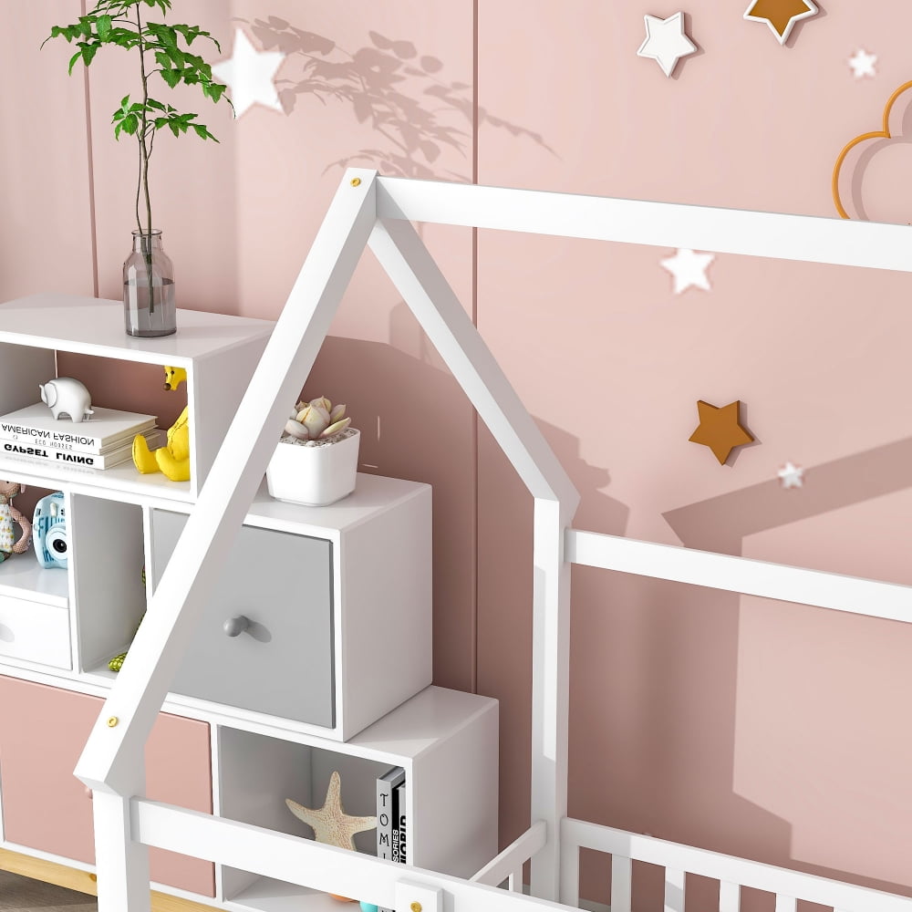 Full Size House Bed, Solid Wood Montessori Floor Bed, Kids Toddler Montessori Bed Frame with Roof Design and Full-Length Guardrail, Playhouse Floor Bed for Kids Girls Boys, White