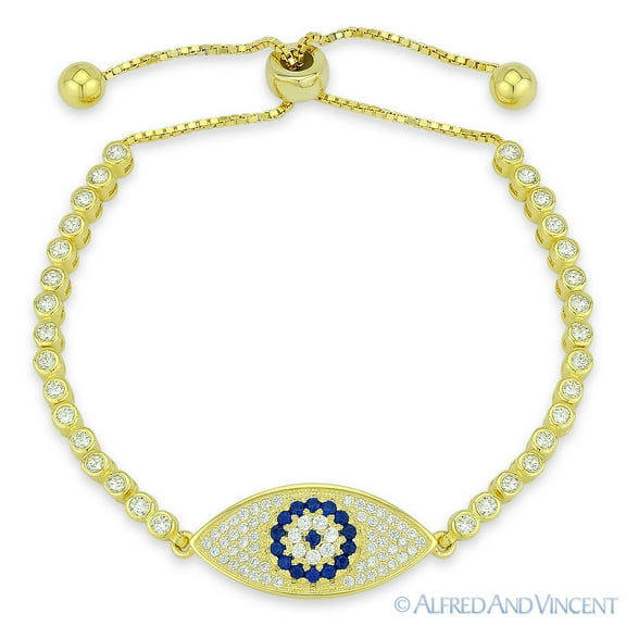 Evil Eye Charm & Bezel Link Cubic Zirconia Bolo-Style Bracelet in .925 Sterling Silver