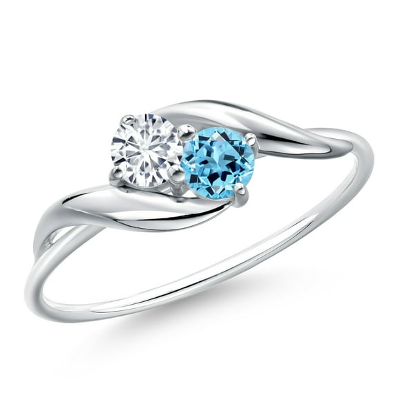 Gem Stone King 10K White Gold Round White Lab Grown Diamond and Swiss Blue Topaz Ring for Women | 0.37 Cttw | Round 3.5MM | Wedding Engagement Anniversary Promise Ring for Women | Size 5