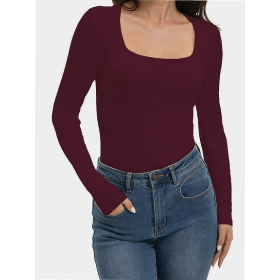Womens Square Neck T Shirts Long Sleeve Tops Fitted Tees