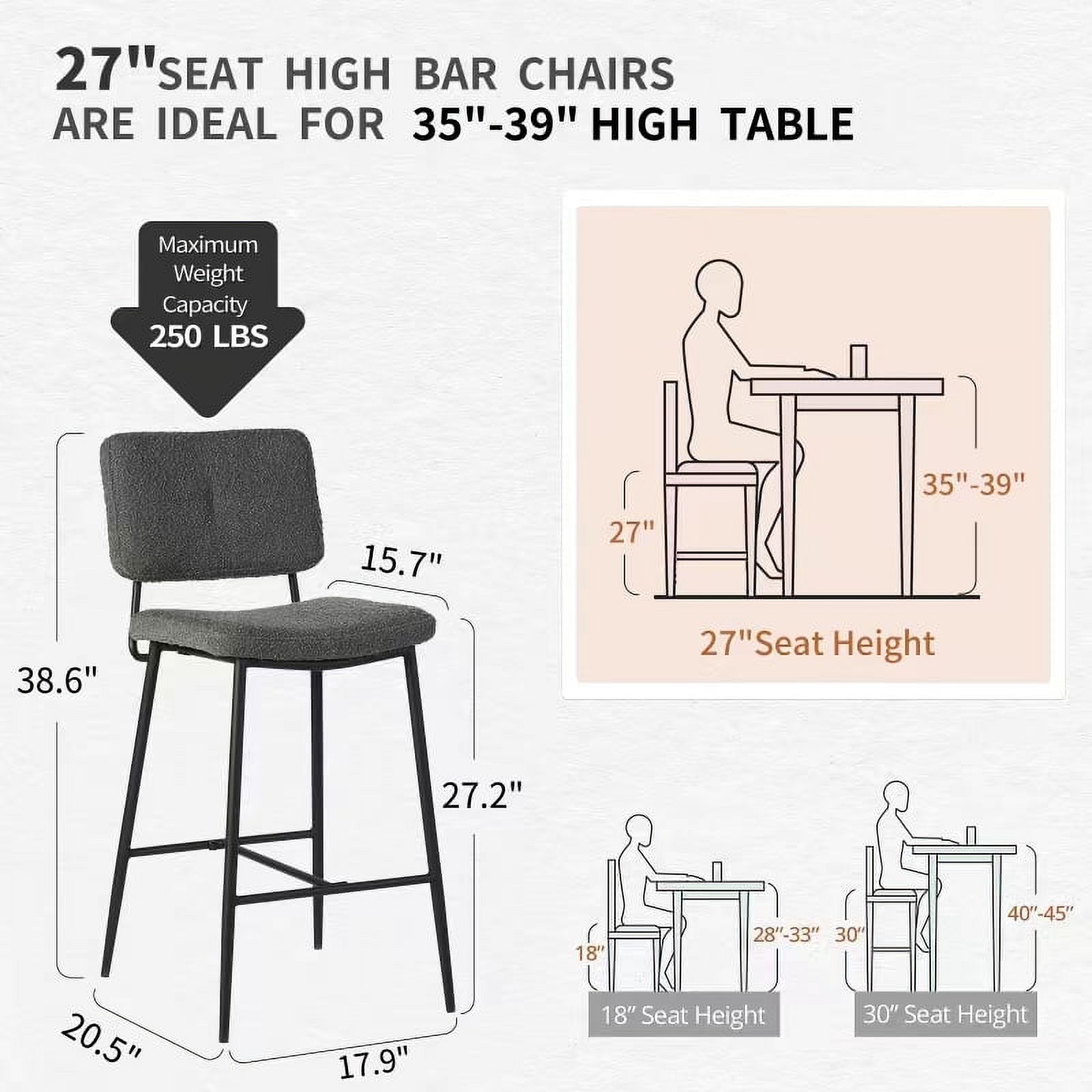 Homy Casa 27 inch Bar Stools Set of 2, Modern Counter Height Bar Stools, with Back and Metal Leg for Kitchen Island Pub Living Room, Grey