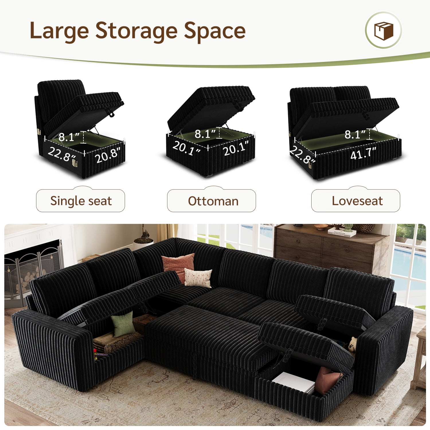 Marrber 106” Oversized Modern Plush Corduroy U-Shaped Modular 7-Seater Pull-Out Sectional Sleeper Sofa Bed with Hidden Storage for Living Room and Apartment, Pet-Friendly Fabric, Easy Assembly, Black