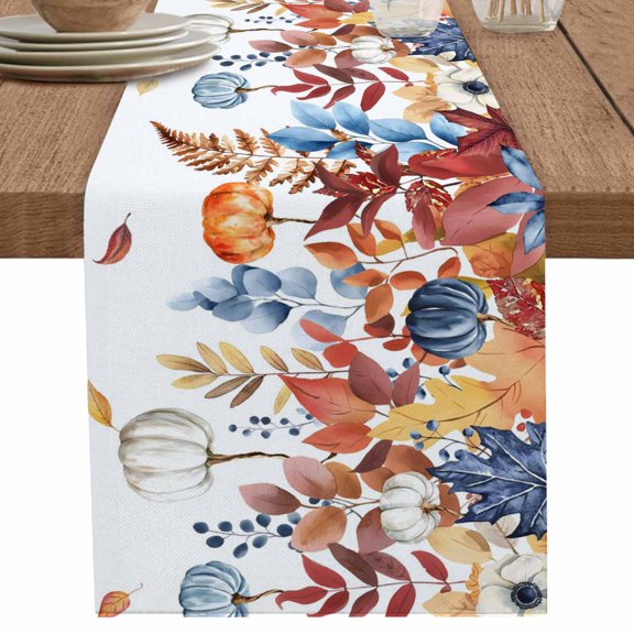 nqOlkjepod Blue Pumpkins Fall Table Runner 60 Inches Long Farmhouse Dress Scarves, Eucalyptus Thanksgiving Country Leaves Dining Tablerunner for Coffee Table/Kitchen Island/Party Décor, 13" x 60"