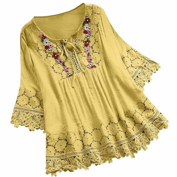 HomeGardon Women Shirts Women's Summer V Neck Boho Cotton and Linen Embroidered Mexican Shirts,Short Sleeve Half Sleeve Casual Looese Tops Blouse Plus Size Navy,S-XXXXXL