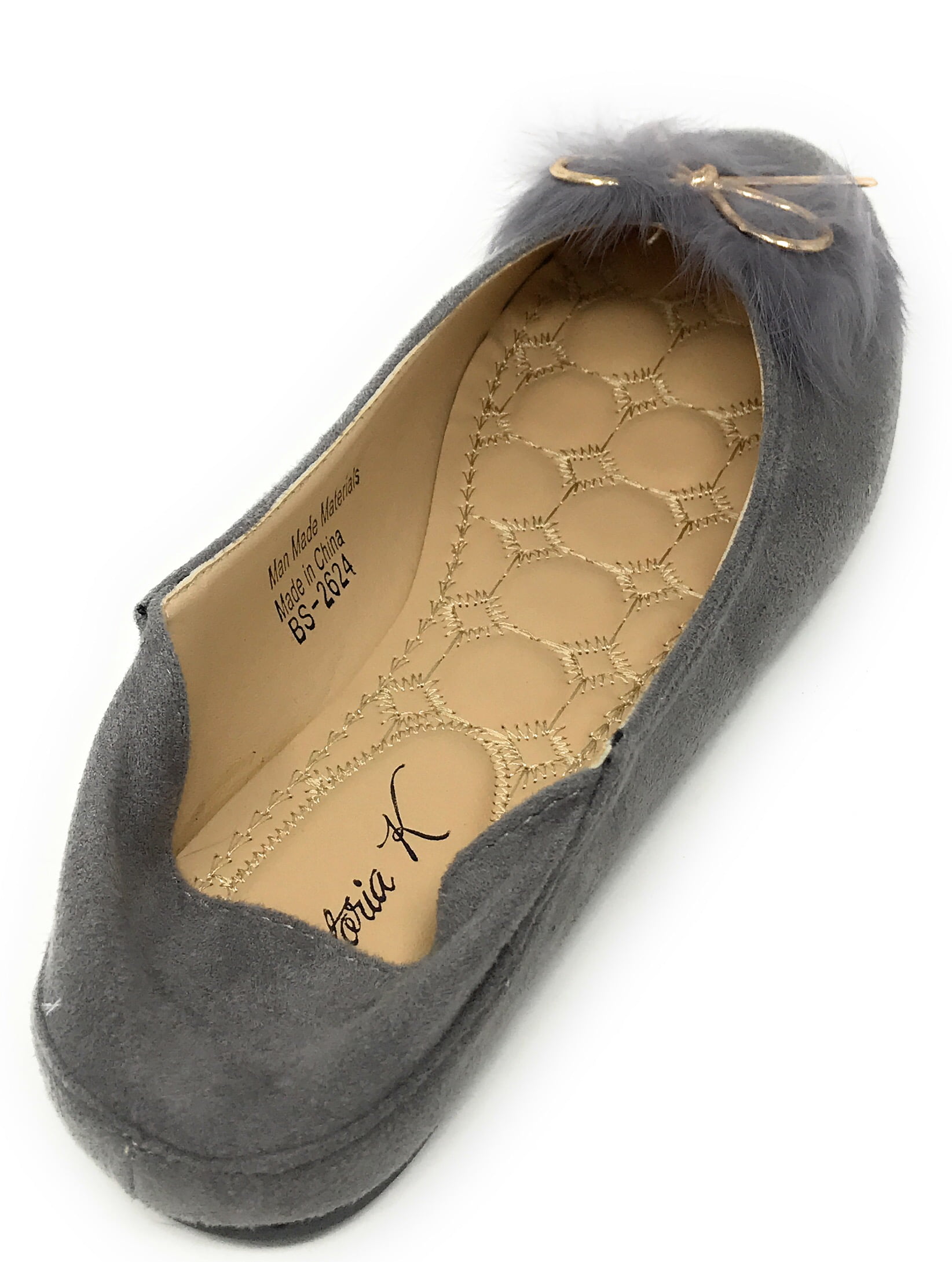 Victoria K Women's Foldover Sueded Faux Fur Gold Bow Ballerina Flats