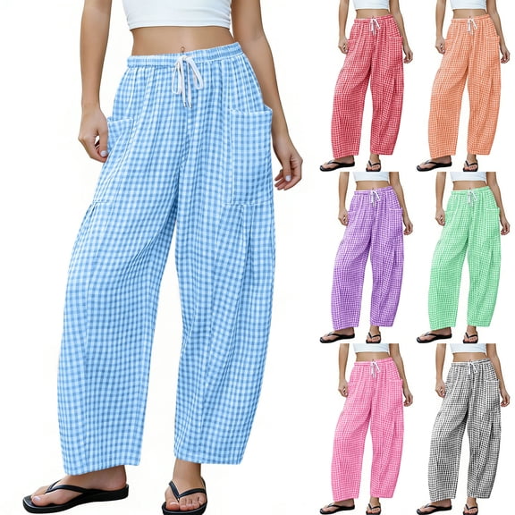 Gingham Pants Women Spring Summer Elastic Waist Drawstring Wide Leg Lounge Trousers with Pockets Red XL(XL)