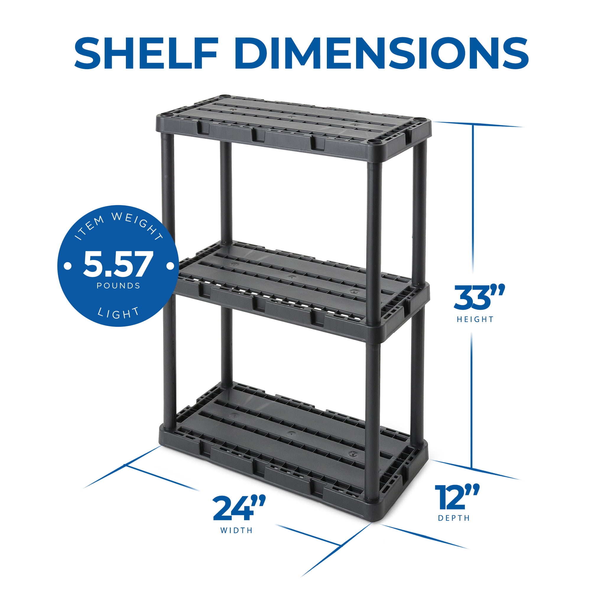 Gracious Living 3 Shelf Knect-A-Shelf Solid Light Duty Storage Unit 24 x 12 x 33", Black (3 Pack)