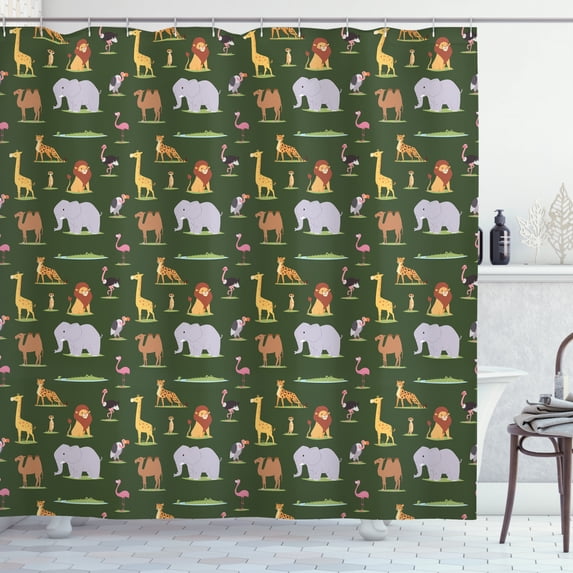 Africa Shower Curtain, Animals of the Dark Continent Giraffe Leopard Elephant and Camel Educational Cartoon, Fabric Bathroom Set with Hooks, 69W X 70L Inches, Multicolor, by Ambesonne